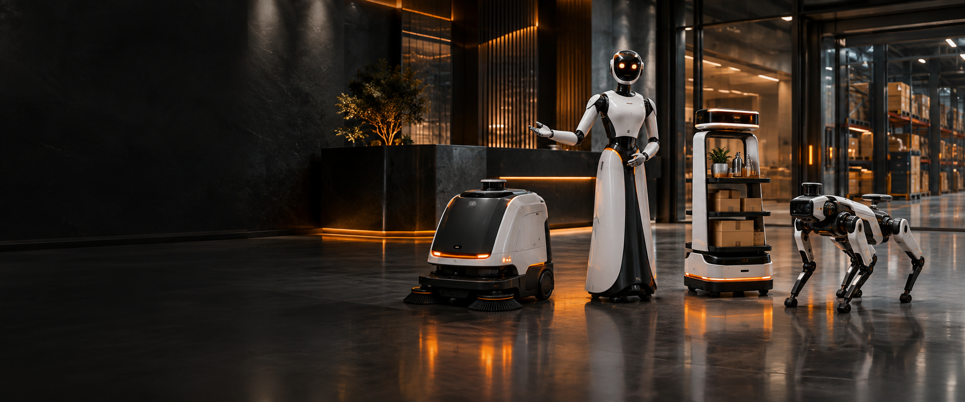 Robots de servicio, limpieza, logística e inspección en un entorno corporativo moderno